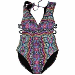 Boho Tribal One Piece Swimsuit Womens M Plunge Halter Strappy Cutout